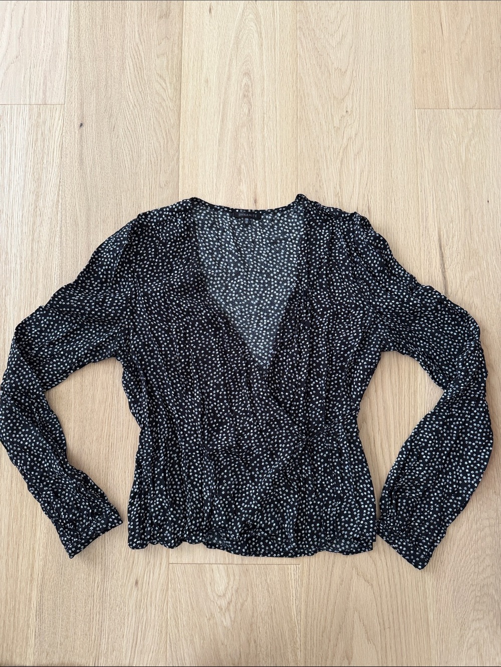Dynamite Black Wrap-Style Long Sleeve Blouse with White Dots